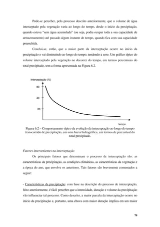 70
Pode-se perceber, pelo processo descrito anteriormente, que o volume de água
interceptado pela vegetação varia ao longo do tempo, desde o início da precipitação,
quando estava “sem água acumulada” (ou seja, podia ocupar toda a sua capacidade de
armazenamento) até passado algum instante de tempo, quando fica com sua capacidade
preenchida.
Conclui-se, então, que a maior parte da interceptação ocorre no início da
precipitação e vai diminuindo ao longo do tempo, tendendo a zero. Um gráfico típico do
volume interceptado pela vegetação no decorrer do tempo, em termos percentuais do
total precipitado, tem a forma apresentada na Figura 6.2.
Figura 6.2 – Comportamento típico da evolução da interceptação ao longo do tempo
transcorrido de precipitação, em uma bacia hidrográfica, em termos de percentual do
total precipitado.
Fatores intervenientes na interceptação
Os principais fatores que determinam o processo de interceptação são: as
características da precipitação, as condições climáticas, as características da vegetação e
a época do ano, que envolve os anteriores. Tais fatores são brevemente comentados a
seguir:
- Características da precipitação: com base na descrição do processo de interceptação,
feito anteriormente, é fácil perceber que a intensidade, duração e volume da precipitação
vão influenciar tal processo. Como descrito, a maior parcela da interceptação ocorre no
início da precipitação e, portanto, uma chuva com maior duração implica em um maior
20
40
80
20
40
80
Interceptação (%)
tempo
 