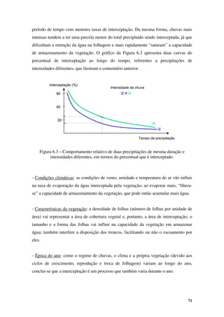 71
período de tempo com menores taxas de interceptação. Da mesma forma, chuvas mais
intensas tendem a ter uma parcela menor do total precipitado sendo interceptada, já que
dificultam a retenção da água na folhagem e mais rapidamente “saturam” a capacidade
de armazenamento da vegetação. O gráfico da Figura 6.3 apresenta duas curvas do
percentual de interceptação ao longo do tempo, referentes a precipitações de
intensidades diferentes, que ilustram o comentário anterior.
Figura 6.3 – Comportamento relativo de duas precipitações de mesma duração e
intensidades diferentes, em termos do percentual que é interceptado.
- Condições climáticas: as condições de vento, umidade e temperatura do ar vão influir
na taxa de evaporação da água interceptada pela vegetação; ao evaporar mais, “libera-
se” a capacidade de armazenamento da vegetação, que pode então acumular mais água.
- Características da vegetação: a densidade de folhas (número de folhas por unidade de
área) vai representar a área de cobertura vegetal e, portanto, a área de interceptação; o
tamanho e a forma das folhas vai influir na capacidade da vegetação em armazenar
água; também interfere a disposição dos troncos, facilitando ou não o escoamento por
eles.
- Época do ano: como o regime de chuvas, o clima e a própria vegetação (devido aos
ciclos de crescimento, reprodução e troca de folhagem) variam ao longo do ano,
conclui-se que a interceptação é um processo que também varia durante o ano.
20
40
80
Interceptação (%)
Tempo de precipitação
i1
i1
i1
i1
i2
i2
i2
i2
i2
i2
i2
i2 >
>
>
> i1
i1
i1
i1
Intensidade da chuva
20
40
80
20
40
80
Interceptação (%)
Tempo de precipitação
i1
i1
i1
i1
i2
i2
i2
i2
i2
i2
i2
i2 >
>
>
> i1
i1
i1
i1
Intensidade da chuva
 