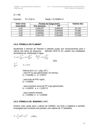 UNIMAR – UNIVERSIDADE DE MARÍLIA FEA – FACULDADE DE ENGENHARIA E ARQUITETURA
HIDRÁULICA PROF. MÁRCIO LUNARDELLI
C = 140C = 140
Exemplo : D = 0,40 m Seção = 0,125664 m2
Valor (m/s)
Velocidade
Perdas de Carga (m/m) Vazões (l/s)
Cim Amianto fºfº
0,20 0,000107 0,000216 25,132
0,30 0,000226 0,000485 37,689
0,50 0,000582 0,001348 62,830
0,90 0,001729 0,004369 113,094
2.9.2. FÓRMULA DE FLAMANT
Atualmente a fórmula de Flamant é utilizada quase que exclusivamente para o
cálculo dos tubos de pequenos diâmetro (D<0,10 m), usados nas instalações
domiciliares de distribuição d' água.
bb
D
V
D
V
b
JD
D
Q
k
D
V
bJ
×=
×=
×
×=×=
4
4
125,1
75.1
4
7
75,4
75,1
25,1
75,1
1
(XV)
Valores de b1 e k ( pág. 221 )
- para fo
fo
ou aço galvanizado, em serviço:
b1 = 0,00092 e k = 0,0014
- para tubo de PVC rígido:
b1 = 0,00054
- para condutos novos de fo
fo
e aço galvanizado:
b1 = 0,00074 e k = 0,00113
- para cimento amianto:
b1 = 0,00062 e k = 0,00095
2.9.3. FÓRMULA DE MANNING (1897)
Embora mais usada para o cálculo de CANAIS, nos EUA e Inglaterra é também
empregada para condutos sob pressão, com valores de "n" tabelados.
2
1
3
21
JR
n
V ××= ( XVI )
19
 