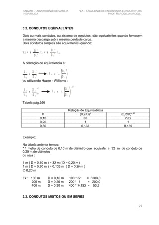 UNIMAR – UNIVERSIDADE DE MARÍLIA FEA – FACULDADE DE ENGENHARIA E ARQUITETURA
HIDRÁULICA PROF. MÁRCIO LUNARDELLI
3.2. CONDUTOS EQUIVALENTES
Dois ou mais condutos, ou sistema de condutos, são equivalentes quando fornecem
a mesma descarga sob a mesma perda de carga.
Dois condutos simples são equivalentes quando:
h p = k L = k L1 2
Q ²
D 1
5
Q ²
D 2
5
A condição de equivalência é:
L 1
L 2
D 1
5
D 2
5
= L 2 = L 1
D 1
D 2
5
ou utilizando Hazen - Williams :
L 1
L 2
D 1
4 , 8 7
D 2
4 ,8 7
= L 2 = L 1
D 1
D 2
4 , 8 7
Tabela pág.266
Relação de Equivalência
D (0,2/D)5
(0,2/D)4,87
0,10 32 29,2
0,20 1 1
0,30 0,133 0,139
Exemplo:
Na tabela anterior temos:
* 1 metro de conduto de 0,10 m de diâmetro que equivale a 32 m de conduto de
0,20 m de diâmetro
ou seja :
1 m ( D = 0,10 m ) = 32 m ( D = 0,20 m )
1 m ( D = 0,30 m ) = 0,133 m ( D = 0,20 m )
∅ 0,20 m
Ex : 100 m D = 0,10 m 100 * 32 = 3200,0
200 m D = 0,20 m 200 * 1 = 200,0
400 m D = 0,30 m 400 * 0,133 = 53,2
3.3. CONDUTOS MISTOS OU EM SERIES
27
 