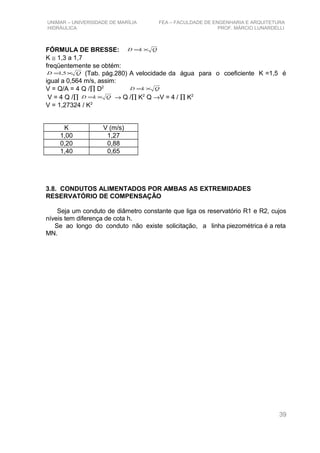 UNIMAR – UNIVERSIDADE DE MARÍLIA FEA – FACULDADE DE ENGENHARIA E ARQUITETURA
HIDRÁULICA PROF. MÁRCIO LUNARDELLI
FÓRMULA DE BRESSE: QkD ×=
K ≅ 1,3 a 1,7
freqüentemente se obtém:
QD ×= 5,1 (Tab. pág.280) A velocidade da água para o coeficiente K =1,5 é
igual a 0,564 m/s, assim:
V = Q/A = 4 Q /∏ D2 QkD ×=
V = 4 Q /∏ QkD ×= → Q /∏ K2
Q →V = 4 / ∏ K2
V = 1,27324 / K2
K V (m/s)
1,00 1,27
0,20 0,88
1,40 0,65
3.8. CONDUTOS ALIMENTADOS POR AMBAS AS EXTREMIDADES
RESERVATÓRIO DE COMPENSAÇÃO
Seja um conduto de diâmetro constante que liga os reservatório R1 e R2, cujos
níveis tem diferença de cota h.
Se ao longo do conduto não existe solicitação, a linha piezométrica é a reta
MN.
39
 
