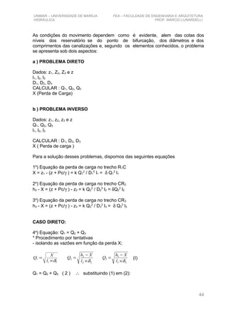 UNIMAR – UNIVERSIDADE DE MARÍLIA FEA – FACULDADE DE ENGENHARIA E ARQUITETURA
HIDRÁULICA PROF. MÁRCIO LUNARDELLI
As condições do movimento dependem como é evidente, alem das cotas dos
níveis dos reservatório se do ponto de bifurcação, dos diâmetros e dos
comprimentos das canalizações e, segundo os elementos conhecidos, o problema
se apresenta sob dois aspectos:
a ) PROBLEMA DIRETO
Dados: z1, Z2, Z3 e z
l1, l2, l3
D1, D2, D3
CALCULAR : Q1, Q2, Q3
X (Perda de Carga)
b ) PROBLEMA INVERSO
Dados: z1, z2, z3 e z
Q1, Q2, Q3
l1, l2, l3
CALCULAR : D1, D2, D3
X ( Perda de carga )
Para a solução desses problemas, dispomos das seguintes equações
1a
) Equação da perda de carga no trecho R1C
X = z1 - (z + Pc/γ ) = k Q1
2
/ D1
5
l1 = δ Q1
2
l1
2a
) Equação da perda de carga no trecho CR2
h2 - X = (z + Pc/γ ) - z2 = k Q2
2
/ D2
5
l2 = δQ2
2
l2
3a
) Equação da perda de carga no trecho CR3
h3 - X = (z + Pc/γ ) - z3 = k Q3
2
/ D3
2
l3 = δ Q3
2
l3
CASO DIRETO:
4a
) Equação: Q1 = Q2 + Q3
* Procedimento por tentativas
- isolando as vazões em função da perda X;
11
1
δ×
=
l
X
Q
22
2
2
δ×
−
=
l
Xh
Q
33
3
3
δ×
−
=
l
Xh
Q (I)
Q1 = Q2 + Q3 ( 2 ) ∴ substituindo (1) em (2):
44
 