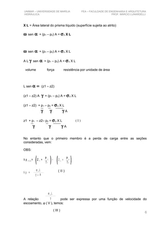 UNIMAR – UNIVERSIDADE DE MARÍLIA FEA – FACULDADE DE ENGENHARIA E ARQUITETURA
HIDRÁULICA PROF. MÁRCIO LUNARDELLI
X L = Área lateral do prisma líquido (superfície sujeita ao atrito)
ω sen α + (p1 – p2) A = σ0 X L
ω sen α + (p1 – p2) A = σ0 X L
A L γ sen α + (p1 – p2) A = σ0 X L
volume força resistência por unidade de área
L sen α = (z1 – z2)
(z1 – z2) A γ + (p1 – p2) A = σ0 X L
(z1 – z2) + p1 – p2 = σ0 X L
γ γ γ A
z1 + p1 – z2– p2 = σ0 X L
γ γ γ A
No entanto que o primeiro membro é a perda de carga entre as seções
consideradas, vem:
OBS:
h p = Z +( 1 , 2 ) 1
-P 1
γ 1
Z +2
P 2
γ 2
h p =
γ Ax
σ 0 L
A relação γ
σ 0 L
pode ser expressa por uma função de velocidade do
escoamento, ϕ ( V ), temos:
6
( II )
( III )
( I )
 