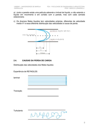 UNIMAR – UNIVERSIDADE DE MARÍLIA FEA – FACULDADE DE ENGENHARIA E ARQUITETURA
HIDRÁULICA PROF. MÁRCIO LUNARDELLI
a) Junto a parede existe uma película aderente e imóvel de líquido, e não estando o
líquido em movimento e em contato com a parede, mas com cada camada
estacionaria;
c) Os diversos filetes líquidos tem velocidades próprias, diferentes da velocidade
media V1 e essa diferente distribuição das velocidades e causa de perda.
e ix o d o c o n d u t o
p a r á b o la ( r e g im e la m in a r )
r e g im e t u r b u le n t o
V
V
V m a x
2.4. CAUSAS DA PERDA DE CARGA
Distribuição das velocidades dos filetes líquidos
Experiência de REYNOLDS
laminar
Transição
Turbulento
9
 