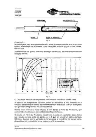 __________________________________________________________________________________




                                      Fig. 20
Observação:
As montagens com termoresistências são feitas de maneira similar aos termopares
quanto ao emprego de acessórios como cabeçotes, tubos e poços, bucins, niples,
entre outros.
Apresentamos um gráfico ilustrativo de tempo de resposta de uma termoresistência
isolação mineral.




                                      Fig. 21

c) Circuito de medição de temperatura com bulbo de resistência tipo Pt-100Ω
A medição de temperatura utilizando bulbo de resistência é feita medindo-se a
variação da resistência elétrica do elemento sensor, através de técnicas avançadas
que garantem alta precisão nos valores obtidos.
Dentre essas técnicas a mais utilizada é sem dúvida a Ponte de Weatstone, que
com devidas modificações apresenta excelente performance.
O circuito em Ponte de Weatstone inicialmente é posta em equilíbrio e desta forma
não circula corrente entre os pontos A e B que se encontram com potenciais
idênticos. Quando ocorre variação de temperatura a resistência do sensor varia,
desequilibrando o circuito de forma proporcional à temperatura.
__________________________________________________________________________________
SENAI
Departamento Regional do Espírito Santo                                            100
 