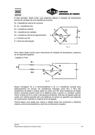 __________________________________________________________________________________
É fácil perceber, deste modo, que podemos efetuar a medição da temperatura
através da variação de uma resistência da ponte.
R0 = Resistência interna do condutor
R1, R2 = resistência fixa
R3 = resistência variável
R4 = resistência de medição
Rg = resistência interna do galvanômetro
ig = corrente que flui
E = fonte de alimentação


                                                                 Fig. 22



Para utilizar deste circuito como instrumento de medição de temperatura, podemos
ter as seguintes ligações:
- Ligação a 2 fios




                                       Fig. 23



Nessa montagem, R4 é a termoresistência e R3 é a resistência variável para
balanceamento do circuito. As resistências indicadas como RL1 e RL2 são
resistências de fiação e ambas estão em série com R4. Esta resistência de fiação
tende a aumentar quanto maior for a distância entre o sensor e o medidor, quanto
menor a bitola do fio ou maior a temperatura ambiente. Este tipo de ligação pode ser
usado com relativa precisão até uma distância do sensor ao aparelho que depende
do comprimento, diâmetro e material do fio de ligação.
Temos abaixo uma tabela que mostra a relação bitola dos condutores x distância
máxima, entre termoresistência a dois fios e instrumento receptor.




__________________________________________________________________________________
SENAI
Departamento Regional do Espírito Santo                                            101
 