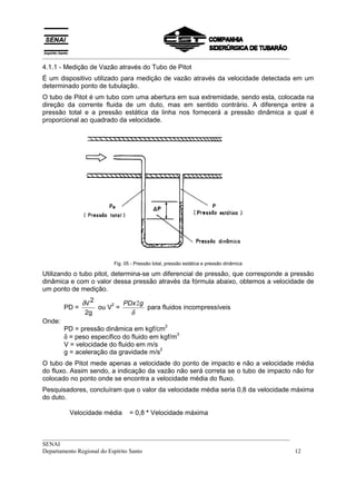 __________________________________________________________________________________
4.1.1 - Medição de Vazão através do Tubo de Pitot
É um dispositivo utilizado para medição de vazão através da velocidade detectada em um
determinado ponto de tubulação.
O tubo de Pitot é um tubo com uma abertura em sua extremidade, sendo esta, colocada na
direção da corrente fluida de um duto, mas em sentido contrário. A diferença entre a
pressão total e a pressão estática da linha nos fornecerá a pressão dinâmica a qual é
proporcional ao quadrado da velocidade.




                         Fig. 05 - Pressão total, pressão estática e pressão dinâmica

Utilizando o tubo pitot, determina-se um diferencial de pressão, que corresponde a pressão
dinâmica e com o valor dessa pressão através da fórmula abaixo, obtemos a velocidade de
um ponto de medição.

               δV 2     2  PDx 2g
        PD =        ou V =        para fluidos incompressíveis
                2g           δ
Onde:
                                                2
        PD = pressão dinâmica em kgf/cm
        δ = peso específico do fluido em kgf/m
                                               3

        V = velocidade do fluido em m/s
                                         2
        g = aceleração da gravidade m/s
O tubo de Pitot mede apenas a velocidade do ponto de impacto e não a velocidade média
do fluxo. Assim sendo, a indicação da vazão não será correta se o tubo de impacto não for
colocado no ponto onde se encontra a velocidade média do fluxo.
Pesquisadores, concluíram que o valor da velocidade média seria 0,8 da velocidade máxima
do duto.

         Velocidade média       = 0,8 * Velocidade máxima


__________________________________________________________________________________
SENAI
Departamento Regional do Espírito Santo                                            12
 