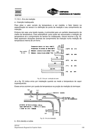 __________________________________________________________________________________
11.10.3 - Erro de medição
a - Inserção inadequada
Para obter o valor correto da temperatura a ser medida, o fator básico na
especificação do sensor é a definição do ponto de medição e seu comprimento de
inserção.
Embora isto seja uma tarefa ingrata, é primordial para um perfeito desempenho da
malha de temperatura. Para exemplificar como pode ser equivocada a medição de
temperatura se o comprimento do sensor for inadequado, vamos recorrer a fig. 52.
Nela aparecem situações diversas de comprimento de inserção numa medição de
temperatura interna de um forno.




                            Fig. 52 - Erro por condução de calor

Já a fig. 53 indica erros por instalação quando se mede a temperatura de vapor
superaquecido.
Esses erros ocorrem por queda de temperatura na junção de medição do termopar.




                                Fig. 53 - Erro de instalação

b - Erro devido a ruídos
__________________________________________________________________________________
SENAI
Departamento Regional do Espírito Santo                                            140
 