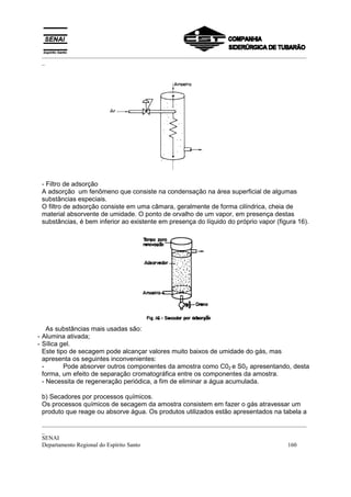 _________________________________________________________________________________________
 _




 - Filtro de adsorção
 A adsorção um fenômeno que consiste na condensação na área superficial de algumas
 substâncias especiais.
 O filtro de adsorção consiste em uma câmara, geralmente de forma cilíndrica, cheia de
 material absorvente de umidade. O ponto de orvalho de um vapor, em presença destas
 substâncias, é bem inferior ao existente em presença do líquido do próprio vapor (figura 16).




    As substâncias mais usadas são:
- Alumina ativada;
- Sílica gel.
  Este tipo de secagem pode alcançar valores muito baixos de umidade do gás, mas
  apresenta os seguintes inconvenientes:
  -       Pode absorver outros componentes da amostra como C02 e S02 apresentando, desta
  forma, um efeito de separação cromatográfica entre os componentes da amostra.
  - Necessita de regeneração periódica, a fim de eliminar a água acumulada.

 b) Secadores por processos químicos.
 Os processos químicos de secagem da amostra consistem em fazer o gás atravessar um
 produto que reage ou absorve água. Os produtos utilizados estão apresentados na tabela a
 _________________________________________________________________________________________
 _
 SENAI
 Departamento Regional do Espírito Santo                                            160
 