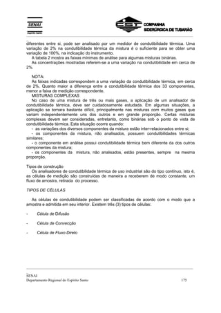 _________________________________________________________________________________________
_
diferentes entre si, pode ser analisado por um medidor de condutibilidade térmica. Uma
variação de 2% na condutibilidade térmica da mistura é o suficiente para se obter uma
variação de 100%, na indicação do instrumento.
   A tabela 2 mostra as faixas mínimas de análise para algumas misturas binárias.
   As concentrações mostradas referem-se a uma variação na condutibilidade em cerca de
2%.

   NOTA:
   As faixas indicadas correspondem a uma variação da condutibilidade térmica, em cerca
de 2%. Quanto maior a diferença entre a condutibilidade térmica dos 33 componentes,
menor a faixa de medição correspondente.
   MISTURAS COMPLEXAS
   No caso de uma mistura de três ou mais gases, a aplicação de um analisador de
condutibilidade térmica, deve ser cuidadosamente estudada. Em algumas situações, a
aplicação se tornara bastante difícil, principalmente nas misturas com muitos gases que
variam independentemente uns dos outros e em grande proporção. Certas misturas
complexas devem ser consideradas, entretanto, como binárias sob o ponto de vista de
condutibilidade térmica. Esta situação ocorre quando:
   - as variações dos diversos componentes da mistura estão inter-relacionados entre si;
   - os componentes da mistura, não analisados, possuem condutibilidades térmicas
similares;
   - o componente em análise possui condutibilidade térmica bem diferente da dos outros
componentes da mistura;
   - os componentes da mistura, não analisados, estão presentes, sempre na mesma
proporção.

Tipos de construção
   Os analisadores de condutibilidade térmica de uso industrial são do tipo contínuo, isto é,
as células de medição são construídas de maneira a receberem de modo constante, um
fluxo de amostra, retirada do processo.

TIPOS DE CÉLULAS

  As células de condutibilidade podem ser classificadas de acordo com o modo que a
amostra e admitida em seu interior. Existem três (3) tipos de células:

-    Célula de Difusão

-    Célula de Convecção

-    Célula de Fluxo Direto




_________________________________________________________________________________________
_
SENAI
Departamento Regional do Espírito Santo                                            175
 