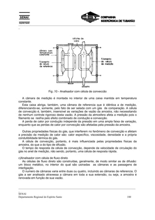 _________________________________________________________________________________________
_




                      Fig .10 - Analisador com célula de conveccão

    A câmara de medição é montada no interior de uma caixa mantida em temperatura
constante.
    Esta caixa abriga, também, uma câmara de referencia que é idêntica a de medição,
diferenciando-se, somente, pelo fato de ser selada com um gás de comparação. A célula
de convecção é, também, insensível as variações de vazão da amostra, não necessitando
de nenhum controle rigoroso desta vazão. A pressão da atmosfera afeta a medição pois o
filamento se resfria pelo efeito combinado de condução e convecção.
    A perda de calor por condução independe da pressão em uma ampla faixa de variação,
enquanto que as perdas de calor por convecção são afetadas pela pressão da amostra.

   Outras propriedades físicas do gás, que interferem no fenômeno de convecção e afetam
a precisão da medição de calor são: calor específico, viscosidade, densidade e a própria
condutibilidade térmica do gás.
   A célula de convecção, portanto, é mais influenciada pelas propriedades físicas da
amostra, do que a do tipo de difusão.
   O tempo de resposta da célula de convecção, depende da velocidade de circulação do
gás no anel de medição, não sendo, portanto, uma célula de resposta rápida.

c)Analisador com célula de fluxo direto
   As células de fluxo direto são construídas, geralmente, de modo similar as de difusão:
um bloco metálico, no interior do qual são usinadas as câmaras e as passagens de
interligação.
   O numero de câmaras varia entre duas ou quatro, incluindo as câmaras de referencia. O
gás a ser analisado atravessa a câmara em toda a sua extensão, ou seja, a amostra é
renovada em função de sua vazão.


_________________________________________________________________________________________
_
SENAI
Departamento Regional do Espírito Santo                                            180
 
