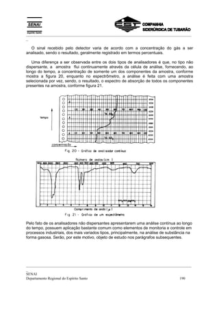 _________________________________________________________________________________________
_

  O sinal recebido pelo detector varia de acordo com a concentração do gás a ser
analisado, sendo o resultado, geralmente registrado em termos percentuais.

   Uma diferença a ser observada entre os dois tipos de analisadores é que, no tipo não
dispersante, a amostra flui continuamente através da célula de análise, fornecendo, ao
longo do tempo, a concentração de somente um dos componentes da amostra, conforme
mostra a figura 20, enquanto no espectrômetro, a análise é feita com uma amostra
selecionada por vez, sendo, o resultado, o espectro de absorção de todos os componentes
presentes na amostra, conforme figura 21.




Pelo fato de os analisadores não dispersantes apresentarem uma análise contínua ao longo
do tempo, possuem aplicação bastante comum como elementos de monitoria e controle em
processos industriais, dos mais variados tipos, principalmente, na análise de substância na
forma gasosa. Serão, por este motivo, objeto de estudo nos parágrafos subsequentes.




_________________________________________________________________________________________
_
SENAI
Departamento Regional do Espírito Santo                                            190
 