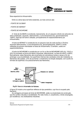 _________________________________________________________________________________________
_
faixa espectral do infravermelho.

  Entre os vários tipos de fonte existentes, as mais comuns são:

- FONTE DE GLOBAR

- FONTE DE NERNST

- FONTE DE NICHROME.

    A fonte de GLOBAR é constituída, basicamente, de um pequeno cilindro de carbureto de
silício sintetizado, aquecido, eletricamente, a uma temperatura de, aproximadamente
1500ºC. Este tipo de fonte é utilizado, principalmente em espectrofotômetros por
infravermelho.

   A fonte de NERNST é constituída de um pequeno tubo de oxido de Ítrio e Zircônio
aquecido eletricamente, a uma temperatura de, aproximadamente, 2000ºC e emite
radiações de grande intensidade na faixa de infravermelho. É também, usado em
espectrofotômetros.

    A fonte de NICHROME é constituída por um fio ou fita de NICHROME (62% Ni, 13%Cr e
25% Fe) enrolada na forma de hélice é aquecida, eletricamente, na faixa de 400ºC a 900ºC.
Normalmente, estes filamentos são encerrados em atmosferas inertes e secas a fim de
prolongar a sua durabilidade. As superfícies internas das cavidades onde são instalados os
filamentos são polidas, a fim de aumentar o rendimento na direção desejada, com auxílio do
formato da superfície e do posicionamento dos filamentos.




A figura 23 mostra uma superfície refletora do tipo parabólico, cujo foco é ocupado pelo
filamento.
    As vantagens principais da fonte de NICHROME, estão na simplicidade de construção,
que lhe confere robustez e durabilidade. Por este motivo, é, atualmente, a fonte empregada,
por excelência, nos analisadores industriais.

_________________________________________________________________________________________
_
SENAI
Departamento Regional do Espírito Santo                                            195
 