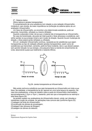 _________________________________________________________________________________________
_

   2º - Sistema óptico
   (filtros ópticos e janelas transparentes)
   O comportamento de uma substância com relação a uma radiação infravermelha
incidente é, sem dúvida, da maior importância na confecção do sistema óptico de um
analisador infravermelho.
   Um feixe de infravermelho, ao encontrar uma determinada substância, pode ser
absorvido, transmitido, refratado ou mesmo difratado.
   Quando a absorção é total, diz-se que o material não é transparente ao infravermelho.
   No caso da transmissão, ela pode ser total quando o feixe atravessa a substância, sem
sofrer perdas na sua energia inicial e sem mudar de direção. Quando houver mudanças de
direção, o feixe estará sendo refratado ou difratado.
   Em um analisador infravermelho contínuo, necessita-se de substâncias que sejam
transparentes ao tipo de radiação utilizado (janelas transparentes), assim como de
substâncias que transmitam, somente, parte do feixe incidente, isto é, que deixem passar,
sem grande redução na sua energia, uma pequena faixa ou banda de comprimentos de
onda, absorvendo quase que totalmente o restante (filtros).




                      Fig 24- Janela transparente ao Infraverrnelho.

    Não existe nenhuma substância que seja transparente ao infravermelho em toda a sua
faixa. Na realidade, a transparência se dá, apenas em uma certa largura do espectro. No
caso dos analisadores, a faixa de trabalho cobre a parte do infravermelho intermediário,
aproximadamente (1,5µm a 15µm ), bastando, para isto que a transparência se restrinja a
esta faixa (figura 24).
    As janelas usadas nos analisadores de infravermelho devem, ainda, ser robustas e
resistentes à ação da umidade. As aplicações mais comuns são (conforme figura 25):
(1) selagem da fonte de infravermelho;
(2) construção da câmara de amostragem;
(3) selagem das câmaras de filtragem;
(4) selagem da câmara do detector.

_________________________________________________________________________________________
_
SENAI
Departamento Regional do Espírito Santo                                            196
 