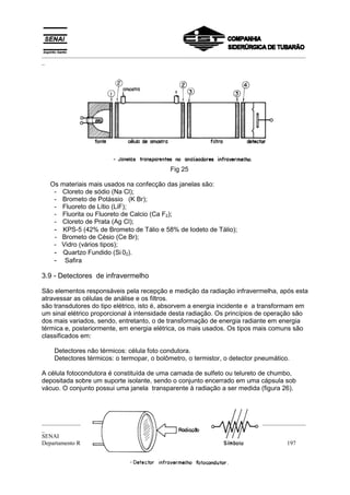 _________________________________________________________________________________________
_




                                           Fig 25

  Os materiais mais usados na confecção das janelas são:
   - Cloreto de sódio (Na Cl);
   - Brometo de Potássio (K Br);
   - Fluoreto de Lítio (LiF);
   - Fluorita ou Fluoreto de Calcio (Ca F2);
   - Cloreto de Prata (Ag Cl);
   - KPS-5 (42% de Brometo de Tálio e 58% de Iodeto de Tálio);
   - Brometo de Césio (Ce Br);
   - Vidro (vários tipos);
   - Quartzo Fundido (Si 02).
   - Safira

3.9 - Detectores de infravermelho

São elementos responsáveis pela recepção e medição da radiação infravermelha, após esta
atravessar as células de análise e os filtros.
são transdutores do tipo elétrico, isto é, absorvem a energia incidente e a transformam em
um sinal elétrico proporcional à intensidade desta radiação. Os princípios de operação são
dos mais variados, sendo, entretanto, o de transformação de energia radiante em energia
térmica e, posteriormente, em energia elétrica, os mais usados. Os tipos mais comuns são
classificados em:

    Detectores não térmicos: célula foto condutora.
    Detectores térmicos: o termopar, o bolômetro, o termistor, o detector pneumático.

A célula fotocondutora é constituída de uma camada de sulfeto ou telureto de chumbo,
depositada sobre um suporte isolante, sendo o conjunto encerrado em uma cápsula sob
vácuo. O conjunto possui uma janela transparente à radiação a ser medida (figura 26).




_________________________________________________________________________________________
_
SENAI
Departamento Regional do Espírito Santo                                            197
 