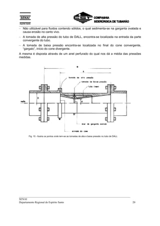 __________________________________________________________________________________
– Não utilizável para fluidos contendo sólidos, o qual sedimenta-se na garganta ovalada e
  causa erosão no canto vivo.
– A tomada de alta pressão do tubo de DALL, encontra-se localizada na entrada da parte
  convergente do tubo.
– A tomada de baixa pressão encontra-se localizada no final do cone convergente,
  “gargalo”, início do cone divergente.
A mesma é disposta através de um anel perfurado do qual nos dá a média das pressões
medidas.




       Fig. 15 - Ilustra os pontos onde tem-se as tomadas de alta e baixa pressão no tubo de DALL




__________________________________________________________________________________
SENAI
Departamento Regional do Espírito Santo                                            20
 