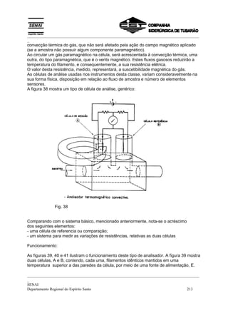 _________________________________________________________________________________________
_
convecção térmica do gás, que não será afetado pela ação do campo magnético aplicado
(se a amostra não possuir algum componente paramagnético).
Ao circular um gás paramagnético na célula, será acrescentada à convecção térmica, uma
outra, do tipo paramagnética, que é o vento magnético. Estes fluxos gasosos reduzirão a
temperatura do filamento, e consequentemente, a sua resistência elétrica.
O valor desta resistência, medido, representará, a suscetibilidade magnética do gás.
As células de análise usadas nos instrumentos desta classe, variam consideravelmente na
sua forma física, disposição em relação ao fluxo de amostra e número de elementos
sensores.
A figura 38 mostra um tipo de célula de análise, genérico:




              Fig. 38


Comparando com o sistema básico, mencionado anteriormente, nota-se o acréscimo
dos seguintes elementos:
- uma célula de referencia ou comparação;
- um sistema para medir as variações de resistências, relativas as duas células

Funcionamento:

As figuras 39, 40 e 41 ilustram o funcionamento deste tipo de analisador. A figura 39 mostra
duas células, A e B, contendo, cada uma, filamentos idênticos mantidos em uma
temperatura superior a das paredes da célula, por meio de uma fonte de alimentação, E.

_________________________________________________________________________________________
_
SENAI
Departamento Regional do Espírito Santo                                            213
 