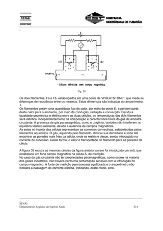 _________________________________________________________________________________________
_




                                          Fig. 39

Os dois filamentos, Fa e Fb, estão ligados em uma ponte de 'WHEATSTONE", que mede as
diferenças de resistência entre os mesmos. Estas diferenças são indicadas no amperímetro,
1.
Os filamentos geram uma quantidade fixa de calor, por meio da ponte E, e perdem parte
deste calor para o ambiente, por meio de condução, radiação e convecção. Devido a
igualdade geométrica e elétrica entre as duas células, as temperaturas dos dois filamentos
será idêntica, independentemente da composição e característica física do gás de amostra
circulante. A presença de gás paramagnético, como o oxigênio, também não interferem no
equilíbrio térmico existente, devido à ausência de campos magnéticos.
As setas no interior das células representam as correntes convectivas, estabelecidas pelos
filamentos aquecidos. O gás, aquecido pelo filamento, diminui sua densidade e sobe até
encontrar as paredes mais frias da célula, onde se resfria e desce, sendo introduzido na
corrente de ascensão. Desta forma, o calor e transportado do filamento para as paredes da
célula.

A figura 39 mostra as mesmas células da figura anterior porem foi introduzido um ímã, que
estabelece um forte campo magnetico na célula A, de medição.
No caso do gás circulante não ter propriedades paramagnéticas, como ocorre na maioria
dos gases industriais, não haverá nenhuma perturbação sensível com a introdução do
campo magnetico. A fonte de medição permanecerá equilibrada e o amperímetro não
indicara a passagem de corrente elétrica, indicando, deste modo, zero.




_________________________________________________________________________________________
_
SENAI
Departamento Regional do Espírito Santo                                            214
 