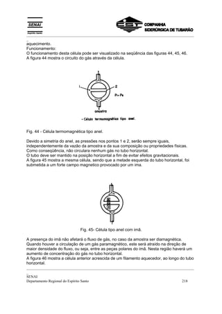 _________________________________________________________________________________________
_
aquecimento.
Funcionamento:
O funcionamento desta célula pode ser visualizado na seqüência das figuras 44, 45, 46.
A figura 44 mostra o circuito do gás através da célula.




Fig. 44 - Célula termomagnética tipo anel.

Devido a simetria do anel, as pressões nos pontos 1 e 2, serão sempre iguais,
independentemente da vazão da amostra e da sua composição ou propriedades físicas.
Como conseqüência, não circulara nenhum gás no tubo horizontal.
O tubo deve ser mantido na posição horizontal a fim de evitar efeitos gravitacionais.
A figura 45 mostra a mesma célula, sendo que a metade esquerda do tubo horizontal, foi
submetida a um forte campo magnetico provocado por um ima.




                             Fig. 45- Célula tipo anel com imã.

A presença do imã não afetará o fluxo de gás, no caso da amostra ser diamagnética.
Quando houver a circulação de um gás paramagnético, este será atraído na direção de
maior densidade do fluxo, ou seja, entre as peças polares do ímã. Nesta região haverá um
aumento de concentração do gás no tubo horizontal.
A figura 46 mostra a célula anterior acrescida de um filamento aquecedor, ao longo do tubo
horizontal.
_________________________________________________________________________________________
_
SENAI
Departamento Regional do Espírito Santo                                            218
 