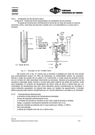 _________________________________________________________________________________________
_
2.4.4 - Analisador de Oxi-Zircônia típico
    A figura 51 mostra de forma esquemática um analisador de oxi-zircônia.
         A célula de zircônia tem normalmente a forma de um tubo de ensaio no qual se
encontra o ZrO2. Uma face do tubo tem contato com o ar atmosférico e a outra com a
amostra.




        De acordo com a fig. 51 vemos que a amostra é captada por meio de uma sonda
que eventualmente possui um filtro de partículas na extremidade interior do processo.
Devido a ação de sucção de um ejetor a ar comprimido, a maior parte da amostra circula
em um circuito em alta velocidade retornando ao processo. Apenas uma pequena parte da
amostra é desviada deste circuito e circula pela parte externa da célula de zircônia, onde
será analisada. O controle de temperatura do bloco onde se situa a célula feito por um
controlador de temperatura que tem como elemento sensor normalmente um termopar e
como elemento aquecedor na maioria dos casos um resistor de aquecimento. A tensão
elétrica gerada pela célula é amplificada por um circuito eletrônico e enviada a um indicador.

2.4.5   - Características Operacionais
   -    a amostra circula sempre em temperaturas elevadas;
  -     tempo de resposta extremamente curto;
  -     a umidade da amostra é mantida no seu valor original durante a análise;
  -     reage a qualquer combustível existente na amostra com o O2;
  -     faixa de medição se estende de 0,1 ppm (parte por milhão, a 100%);
  -     fácil manutenção;
  -     a célula de medição dura de um a vários anos.


_________________________________________________________________________________________
_
SENAI
Departamento Regional do Espírito Santo                                            224
 