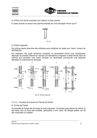 __________________________________________________________________________________


d) Orifício com bordo quadrado com rebaixo na fase jusante.
É usado quando se requer uma grande precisão em uma tubulação menor que 4”.




                                               Fig. 24


e) Orifício especiais
Os orifícios abaixo descritos são utilizados para medições de vazão com “baixo” número de
REYNOLDS.
Em medições nas quais tenhamos variações na viscosidade temos uma consequente
alteração na pressão diferencial, estudos em laboratórios chegaram a determinado tipos de
orifícios que permitem uma maior variação na viscosidade provocando uma pequena
alteração no coeficiente de descarga.




                            Fig. 25 - Bordos Especiais




4.1.5.3 - Tomadas de Impulso em Placas de Orifício
a) Tomas de Flange
As tomadas de flange são de longe as mais populares. Os flanges para placas de orifício, já
são feitos com os furos das tomadas, perfurados e com rosca. Os flanges podem ser do
tipo rosqueado ou soldado.


__________________________________________________________________________________
SENAI
Departamento Regional do Espírito Santo                                            25
 