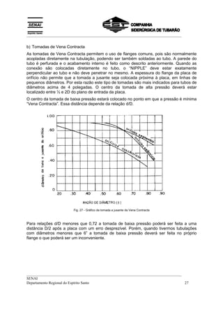 __________________________________________________________________________________


b) Tomadas de Vena Contracta
As tomadas de Vena Contracta permitem o uso de flanges comuns, pois são normalmente
acopladas diretamente na tubulação, podendo ser também soldadas ao tubo. A parede do
tubo é perfurada e o acabamento interno é feito como descrito anteriormente. Quando as
conexão são colocadas diretamente no tubo, o “NIPPLE” deve estar exatamente
perpendicular ao tubo e não deve penetrar no mesmo. A espessura do flange da placa de
orifício não permite que a tomada a jusante seja colocada próxima à placa, em linhas de
pequenos diâmetros. Por esta razão este tipo de tomadas são mais indicados para tubos de
diâmetros acima de 4 polegadas. O centro da tomada de alta pressão deverá estar
localizado entre ½ e 2D do plano de entrada da placa.
O centro da tomada de baixa pressão estará colocado no ponto em que a pressão é mínima
“Vena Contracta”. Essa distância depende da relação d/D.




                        Fig. 27 - Gráfico da tomada a jusante da Vena Contracta



Para relações d/D menores que 0,72 a tomada de baixa pressão poderá ser feita a uma
distância D/2 após a placa com um erro desprezível. Porém, quando tivermos tubulações
com diâmetros menores que 6” a tomada de baixa pressão deverá ser feita no próprio
flange o que poderá ser um inconveniente.




__________________________________________________________________________________
SENAI
Departamento Regional do Espírito Santo                                            27
 
