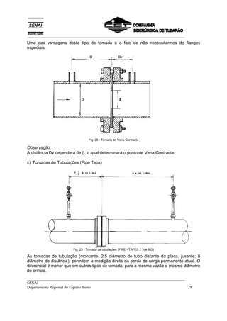 __________________________________________________________________________________
Uma das vantagens deste tipo de tomada é o fato de não necessitarmos de flanges
especiais.




                                  Fig. 28 - Tomada de Vena Contracta

Observação:
A distância Dv dependerá de β, o qual determinará o ponto de Vena Contracta.

c) Tomadas de Tubulações (Pipe Taps)




                        Fig. 29 - Tomada de tubulações (PIPE - TAPES 2 ½ e 8 D)

As tomadas de tubulação (montante: 2,5 diâmetro do tubo distante da placa, jusante; 8
diâmetro de distância), permitem a medição direta da perda de carga permanente atual. O
diferencial é menor que em outros tipos de tomada, para a mesma vazão o mesmo diâmetro
de orifício.
__________________________________________________________________________________
SENAI
Departamento Regional do Espírito Santo                                            28
 