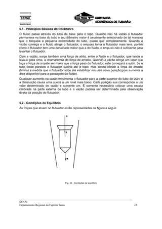 __________________________________________________________________________________
5.1 - Princípios Básicos do Rotâmetro
O fluido passa através no tubo da base para o topo. Quando não há vazão o flutuador
permanece na base do tubo e seu diâmetro maior é usualmente selecionado de tal maneira
que o bloqueia a pequena extremidade do tubo, quase que completamente. Quando a
vazão começa e o fluido atinge o flutuador, o empuxo torna o flutuador mais leve, porém
como o flutuador tem uma densidade maior que a do fluido, o empuxo não é suficiente para
levantar o flutuador.
Com a vazão, surge também uma força de atrito, entre o fluido e o flutuador, que tende a
leva-lo para cima, a chamaremos de força de arraste. Quando a vazão atinge um valor que
faça a força de arraste ser maior que a força peso do flutuador, este começará a subir. Se o
tubo fosse paralelo o flutuador subiria até o topo; mas sendo cônico a força de arraste
diminui a medida que o flutuador sobe até estabilizar em uma nova posição(pois aumenta a
área disponível para a passagem do fluido).
Qualquer aumento na vazão movimenta o flutuador para a parte superior do tubo de vidro e
a diminuição causa uma queda a um nível mais baixo. Cada posição sua corresponde a um
valor determinado de vazão e somente um. É somente necessário colocar uma escala
calibrada na parte externa do tubo e a vazão poderá ser determinada pela observação
direta da posição do flutuador.


5.2 - Condições de Equilíbrio
As forças que atuam no flutuador estão representadas na figura a seguir.




                                  Fig. 34 - Condições de equilíbrio




__________________________________________________________________________________
SENAI
Departamento Regional do Espírito Santo                                            43
 