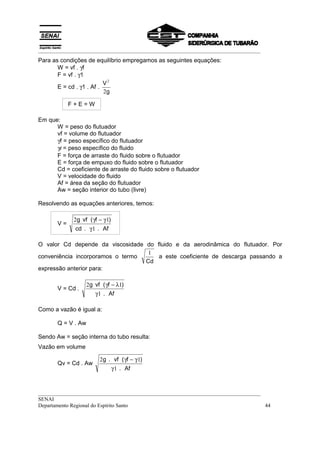 __________________________________________________________________________________
Para as condições de equilíbrio empregamos as seguintes equações:
       W = vf . γf
       F = vf . γ1
                          V2
       E = cd . γ1 . Af .
                          2g

            F+E=W

Em que:
      W = peso do flutuador
      vf = volume do flutuador
      γf = peso específico do flutuador
      γ! = peso específico do fluido
      F = força de arraste do fluido sobre o flutuador
      E = força de empuxo do fluido sobre o flutuador
      Cd = coeficiente de arraste do fluido sobre o flutuador
      V = velocidade do fluido
      Af = área da seção do flutuador
      Aw = seção interior do tubo (livre)

Resolvendo as equações anteriores, temos:

             2g vf ( γf − γ 1)
       V=
              cd . γ 1 . Af

O valor Cd depende da viscosidade do fluido e da aerodinâmica do flutuador. Por
                                   1
conveniência incorporamos o termo     a este coeficiente de descarga passando a
                                  Cd
expressão anterior para:

                    2g vf ( γf − λ1)
       V = Cd .
                       γ 1 . Af

Como a vazão é igual a:

       Q = V . Aw

Sendo Aw = seção interna do tubo resulta:
Vazão em volume

                         2g . vf ( γf − γ 1)
       Qv = Cd . Aw
                             γ 1 . Af



__________________________________________________________________________________
SENAI
Departamento Regional do Espírito Santo                                            44
 