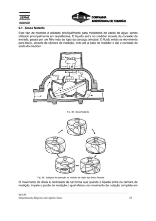 __________________________________________________________________________________
6.1 - Disco Nutante
Este tipo de medidor é utilizado principalmente para medidores de vazão de água, sendo
utilizado principalmente em resistências. O líquido entra no medidor através da conexão de
entrada, passa por um filtro indo ao topo da carcaça principal. O fluido então se movimenta
para baixo, através da câmara de medição, indo até a base do medidor e daí a conexão da
saída do medidor.




                                            Fig. 38 - Disco Nutante




              Fig. 39 - Estágios de operação do medidor de vazão tipo Disco Nutante

O movimento do disco é controlado de tal forma que quando o líquido entra na câmara de
medição, impele o pistão de medição o qual efetua um movimento de nutação completa em

__________________________________________________________________________________
SENAI
Departamento Regional do Espírito Santo                                            48
 