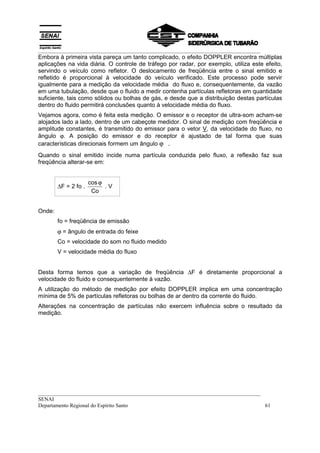 __________________________________________________________________________________
Embora à primeira vista pareça um tanto complicado, o efeito DOPPLER encontra múltiplas
aplicações na vida diária. O controle de tráfego por radar, por exemplo, utiliza este efeito,
servindo o veículo como refletor. O deslocamento de freqüência entre o sinal emitido e
refletido é proporcional à velocidade do veículo verificado. Este processo pode servir
igualmente para a medição da velocidade média do fluxo e, consequentemente, da vazão
em uma tubulação, desde que o fluido a medir contenha partículas refletoras em quantidade
suficiente, tais como sólidos ou bolhas de gás, e desde que a distribuição destas partículas
dentro do fluido permitirá conclusões quanto à velocidade média do fluxo.
Vejamos agora, como é feita esta medição. O emissor e o receptor de ultra-som acham-se
alojados lado a lado, dentro de um cabeçote medidor. O sinal de medição com freqüência e
amplitude constantes, é transmitido do emissor para o vetor V, da velocidade do fluxo, no
ângulo ϕ. A posição do emissor e do receptor é ajustado de tal forma que suas
características direcionais formem um ângulo ϕ .
Quando o sinal emitido incide numa partícula conduzida pelo fluxo, a reflexão faz sua
freqüência alterar-se em:


                      cos ϕ
        ∆F = 2 fo .         .V
                       Co


Onde:
        fo = freqüência de emissão
        ϕ = ângulo de entrada do feixe
        Co = velocidade do som no fluido medido
        V = velocidade média do fluxo


Desta forma temos que a variação de freqüência ∆F é diretamente proporcional a
velocidade do fluido e consequentemente à vazão.
A utilização do método de medição por efeito DOPPLER implica em uma concentração
mínima de 5% de partículas refletoras ou bolhas de ar dentro da corrente do fluido.
Alterações na concentração de partículas não exercem influência sobre o resultado da
medição.




__________________________________________________________________________________
SENAI
Departamento Regional do Espírito Santo                                            61
 