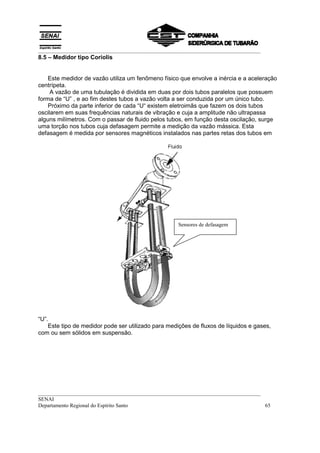 __________________________________________________________________________________
8.5 – Medidor tipo Coriolis


    Este medidor de vazão utiliza um fenômeno físico que envolve a inércia e a aceleração
centrípeta.
     A vazão de uma tubulação é dividida em duas por dois tubos paralelos que possuem
forma de “U” , e ao fim destes tubos a vazão volta a ser conduzida por um único tubo.
    Próximo da parte inferior de cada “U“ existem eletroimãs que fazem os dois tubos
oscilarem em suas frequências naturais de vibração e cuja a amplitude não ultrapassa
alguns milímetros. Com o passar de fluido pelos tubos, em função desta oscilação, surge
uma torção nos tubos cuja defasagem permite a medição da vazão mássica. Esta
defasagem é medida por sensores magnéticos instalados nas partes retas dos tubos em




                                                     Sensores de defasagem




“U”.
    Este tipo de medidor pode ser utilizado para medições de fluxos de líquidos e gases,
com ou sem sólidos em suspensão.




__________________________________________________________________________________
SENAI
Departamento Regional do Espírito Santo                                            65
 