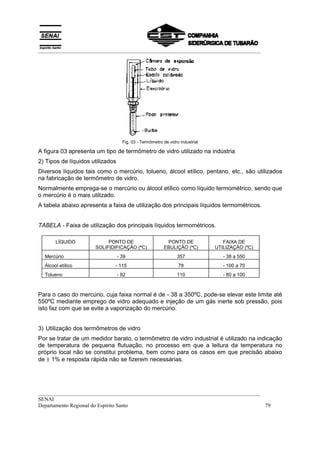 __________________________________________________________________________________




                                    Fig. 03 - Termômetro de vidro industrial

A figura 03 apresenta um tipo de termômetro de vidro utilizado na indústria
2) Tipos de líquidos utilizados
Diversos líquidos tais como o mercúrio, tolueno, álcool etílico, pentano, etc., são utilizados
na fabricação de termômetro de vidro.
Normalmente emprega-se o mercúrio ou álcool etílico como líquido termométrico, sendo que
o mercúrio é o mais utilizado.
A tabela abaixo apresenta a faixa de utilização dos principais líquidos termométricos.


TABELA - Faixa de utilização dos principais líquidos termométricos.

       LÍQUIDO             PONTO DE                       PONTO DE                FAIXA DE
                      SOLIFIDIFICAÇÃO (ºC)               EBULIÇÃO (ºC)         UTILIZAÇÃO (ºC)
  Mercúrio                        - 39                          357               - 38 a 550
  Álcool etílico              - 115                              78               - 100 a 70
  Tolueno                         - 92                          110               - 80 a 100



Para o caso do mercúrio, cuja faixa normal é de - 38 a 350ºC, pode-se elevar este limite até
550ºC mediante emprego de vidro adequado e injeção de um gás inerte sob pressão, pois
isto faz com que se evite a vaporização do mercúrio.


3) Utilização dos termômetros de vidro
Por se tratar de um medidor barato, o termômetro de vidro industrial é utilizado na indicação
de temperatura de pequena flutuação, no processo em que a leitura da temperatura no
próprio local não se constitui problema, bem como para os casos em que precisão abaixo
de ± 1% e resposta rápida não se fizerem necessárias.




__________________________________________________________________________________
SENAI
Departamento Regional do Espírito Santo                                            79
 