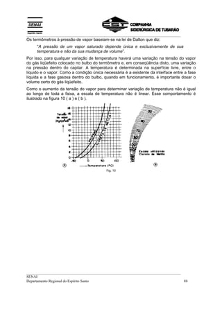 __________________________________________________________________________________
Os termômetros à pressão de vapor baseiam-se na lei de Dalton que diz:
     “A pressão de um vapor saturado depende única e exclusivamente de sua
     temperatura e não da sua mudança de volume”.
Por isso, para qualquer variação de temperatura haverá uma variação na tensão do vapor
do gás liqüefeito colocado no bulbo do termômetro e, em conseqüência disto, uma variação
na pressão dentro do capilar. A temperatura é determinada na superfície livre, entre o
líquido e o vapor. Como a condição única necessária é a existente da interface entre a fase
líquida e a fase gasosa dentro do bulbo, quando em funcionamento, é importante dosar o
volume certo do gás liqüefeito.
Como o aumento da tensão do vapor para determinar variação de temperatura não é igual
ao longo de toda a faixa, a escala de temperatura não é linear. Esse comportamento é
ilustrado na figura 10 ( a ) e ( b ).




                                           Fig. 10




__________________________________________________________________________________
SENAI
Departamento Regional do Espírito Santo                                            88
 