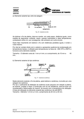 __________________________________________________________________________________
a) Elemento isolante tipo vidro de selagem




                                 Fig. 16 - Isolante de vidro



Ao bobinar o fio de platina, deve-se manter, em cada passo, distância iguais, como
medida de segurança, evitando, assim, quando submetidos a altas temperaturas,
contactarem entre si e, por conseguinte, não entrarem em curto-circuito.
Outro fator importante em bobinar o fio com distâncias paralelas iguais, é evitar o
ruído indutivo.
Por não ter contato direto com o exterior e apresentar ausência de condensação em
temperaturas baixas, é utilizado para temperaturas na faixa de - 269,15ºC a 450ºC e
funciona como elemento isolante.
Tamanho - O diâmetro varia de 1 mm a 4 mm, e o comprimento, de 10 mm a           40
mm.


b) Elemento isolante do tipo cerâmica




                               Fig. 17 - Isolante de cerâmica


Neste elemento isolante o fio de platina, após bobinar a cerâmica, é envolto por uma
selagem de cerâmica.
Por ser o coeficiente de dilatação da cerâmica muito pequeno em relação à platina,
ao bobinar, projetar e fazer a construção com fio de resistência, deve-se levar em
consideração a deformação do mesmo, de acordo com a temperatura de utilização.
A faixa de utilização do elemento isolante tipo cerâmica é de até 800ºC.
Tamanho - Diâmetro 1,6 mm a 3 mm, comprimento de 20 mm a 30 mm.




__________________________________________________________________________________
SENAI
Departamento Regional do Espírito Santo                                            95
 