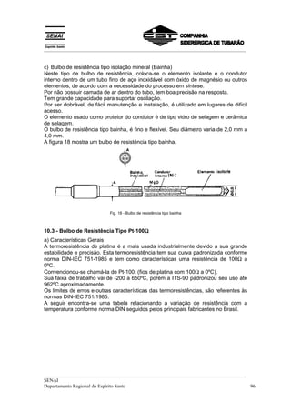 __________________________________________________________________________________


c) Bulbo de resistência tipo isolação mineral (Bainha)
Neste tipo de bulbo de resistência, coloca-se o elemento isolante e o condutor
interno dentro de um tubo fino de aço inoxidável com óxido de magnésio ou outros
elementos, de acordo com a necessidade do processo em síntese.
Por não possuir camada de ar dentro do tubo, tem boa precisão na resposta.
Tem grande capacidade para suportar oscilação.
Por ser dobrável, de fácil manutenção e instalação, é utilizado em lugares de difícil
acesso.
O elemento usado como protetor do condutor é de tipo vidro de selagem e cerâmica
de selagem.
O bulbo de resistência tipo bainha, é fino e flexível. Seu diâmetro varia de 2,0 mm a
4,0 mm.
A figura 18 mostra um bulbo de resistência tipo bainha.




                           Fig. 18 - Bulbo de resistência tipo bainha



                                       Ω
10.3 - Bulbo de Resistência Tipo Pt-100Ω
a) Características Gerais
A termoresistência de platina é a mais usada industrialmente devido a sua grande
estabilidade e precisão. Esta termoresistência tem sua curva padronizada conforme
norma DIN-IEC 751-1985 e tem como características uma resistência de 100Ω a
0ºC.
Convencionou-se chamá-la de Pt-100, (fios de platina com 100Ω a 0ºC).
Sua faixa de trabalho vai de -200 a 650ºC, porém a ITS-90 padronizou seu uso até
962ºC aproximadamente.
Os limites de erros e outras características das termoresistências, são referentes às
normas DIN-IEC 751/1985.
A seguir encontra-se uma tabela relacionando a variação de resistência com a
temperatura conforme norma DIN seguidos pelos principais fabricantes no Brasil.




__________________________________________________________________________________
SENAI
Departamento Regional do Espírito Santo                                            96
 