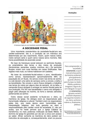 P á g i n a | 32
www.historialivre.com
1CAPÍTULO 18 1
A hierarquia rígida era uma importante característica da sociedade medieval.
A SOCIEDADE FEDAL
Uma importante característica da sociedade feudal era seu
caráter estamental, isto é, a condição de um indivíduo era
determinada por seu nascimento. Assim, quem nascia nobre,
nobre sempre seria e quem servo nascia servo morreria. Não
havia possibilidade de ascensão social.
No topo da hierarquia social estavam os senhores feudais,
os proprietários das terras e dos meios de produção
(ferramentas, sementes, arados, moinhos, etc.). Os senhores
feudais viviam com suas famílias em casas fortificadas. Nas
regiões mais ricas, os nobres habitavam em castelos.
Na base da sociedade feudal estava o povo, identificados
como servos, representavam aproximadamente 98% da
população de um feudo. Os servos viviam nas terras do senhor
e a ele deviam uma série de serviços como a corveia, a talha e
as banalidades. Na corveia o servo ficava obrigado a trabalhar
nas terras do nobre por alguns dias da semana. Já na talha, o
camponês ficava obrigado a entregar ao senhor feudal parte de
sua produção. Por fim nas banalidades o servo era obrigado a
pagar pela utilização do moinho, do forno e demais utensílios
pertencentes ao senhor.
Outra classe social existente no feudo era o clero, os
membros da Igreja. Os clérigos eram os responsáveis pela
transmissão religiosa e cultural. Também eram os responsáveis
pelas leis, que nesta época eram transmitidas pela
interpretação religiosa. Isto tudo garantia ao clero a
responsabilidade pelo caráter moral da sociedade. E, não por
acaso, que foi neste período que a Igreja Católica se
transformou na mais poderosa instituição da Idade Média. O
domínio da Igreja foi garantido por ela ser a única com acesso
ao saber. Afinal, somente os membros do clero podiam ser
instruídos de educação e, consequentemente, eram os poucos
Anotações
________________________
________________________
________________________
________________________
________________________
________________________
________________________
________________________
________________________
________________________
________________________
________________________
________________________
________________________
Para compreender a
sociedade
estamental, a qual
marcaria boa parte
da história ocidental
principalmente
quando olhamos
para Europa na Idade
Média, podemos
imaginar a figura de
um triângulo no qual
os estamentos
(grupos sociais)
estariam dispostos
da seguinte maneira:
rei, clero, senhores
nobres e, finalmente,
plebeus.
Fonte:
http://brasilescola.uol.com.br/socio
logia/a-sociedade-estamental-as-
funcoes-cada-estamento.htm
 