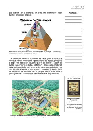P á g i n a | 33
www.historialivre.com
que sabiam ler e escrever. O clero era sustentado pelos
dízimos entregues à Igreja.
Pirâmide social feudal. Apesar dos servos representarem 98% da população e sustentarem a
sociedade, não possuíam direitos, apenas deveres.
A definição do bispo Adalberon de León para a sociedade
medieval reflete muito bem o pensamento da época, pois para
o bispo “na sociedade feudal o papel de alguns é rezar, de
outros é guerrear e de outros trabalhar”. Para a Igreja medieval,
cada indivíduo tinha um importante papel na sociedade, por
isso, deveria executar a sua função com zelo e gratidão como
se estivesse trabalhando para o próprio Deus. Com isso, a
Igreja garantia a manutenção da sociedade tal e qual ela era.
Ilustração de um feudo medieval. Note que o castelo, morada do nobre (senhor feudal) se
destaca dentro de toda a paisagem.
Anotações
________________________
________________________
________________________
________________________
________________________
________________________
________________________
________________________
________________________
________________________
________________________
________________________
________________________
________________________
________________________
________________________
________________________
Dica de e-book (grátis)
História Ilustrada do
Feudalismo
de Marcos Faber
De forma simples e clara o
livro explica o funcionamento
e a estrutura de um feudo
medieval.
 