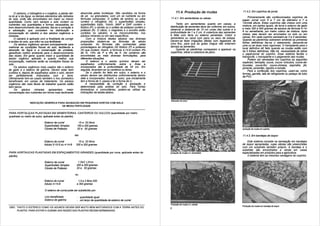 11.4. Produção de mudas                             11.4.2. Em copinhos de jornal
     O carbono, o hidrogênio e o oxigênio, a planta reti-        absorvida pelas hortaliças. São vendidos na forma
ra do ar e da Água: os demais elementos são retirados            de pó ou granulados, com um só nutriente ou em                                                                           Primeiramente são confeccionados copinhos de
do solo, onde são encontrados em maior ou menor                  fórmulas compostas. O sulfato de amônio ou uréia           11.4.1. Em sementeiras ou caixas
                                                                                                                                                                                     papel- jornal com 5 a 7 cm de diâmetro e 7 a
quantidade. Como nem sempre o solo contem os                     contem o nitrogênio (N); o superfosfato simples,                                                                    10cmde altura. Estes copinhos são cheios com uma
nutrientes nas quantidades e formas necessárias ao               superfosfato triplo, Yoorin, MAP e DAP contem o                 Tanto em sementeiras quanto em caixas, a
                                                                                                                            distribuição de sementes deve ser uniforme; em sulcos,   mistura, em partes iguais, de terra e esterco de gado
bom desenvolvimento das plantas, faz-se a correção e             fósforo (P); o cloreto ou o sulfato de potássio contém o                                                            e mais 300 a 500 gramas de adubos da fórmula 4-14-
a adubação, que consistem na distribuição e                      potássio (K). O cálcio, o magnésio e o enxofre estão       observar a distancia de 10 cm umas das outras e a
                                                                                                                            profundidade de 1 a 2 cm. A cobertura das sementes       8 ou semelhante, por metro cúbico da mistura. Após
incorporação do calcário e dos adubos orgânicos e                contidos no calcário, e os micronutrientes, nos                                                                     cheios, eles devem ser arrumados no solo ou em
minerais.                                                        adubos minerais ou em sais específicos.                    é feita com terra ou esterco peneirado. Cobrir a
                                                                                                                            sementeira ou caixa com pano ou saco de estopa.          caixas. Em cada copinho semeiam-se 3 a 4 sementes.
     O calcário é aplicado com a finalidade de corrigir               Com a mistura destes adubos nas diversas                                                                       Quando as plantinhas estiverem emitindo as primeiras
a acidez do solo, que influi na sua fertilidade.                 proporções obstem-se as fórmulas de adubo                  Devem-se fazer irrigações diárias com regadores de
                                                                                                                            crivo fino, para que as gotas d'agua não enterrem        folhas definitivas faz-se o raleamento, deixando-se
     Os adubos orgânicos servem principalmente para              composto. As fórmulas são conhecidas pelas                                                                          uma ou as duas mais vigorosas. O transplante para o
melhorar as condições físicas do solo, facilitando a             porcentagens do nitrogênio (N) fósforo (P) e potássio      demais as sementes.
                                                                                                                                 Quando as plantinhas começarem a aparecer na        local definitivo é£ feito quando as mudas estão com
absorção da Água e a conservação da umidade,                     (K) que contem. Assim, a formula 4-14-8 contem 4%                                                                   4a 5 folhas definitivas. Não há necessidade de retirar
garantindo melhor ambiente para o desenvolvimento                de N, 14% de P e 8% de K. No comércio são                  superfície, retirar a cobertura de pano.
                                                                                                                                                                                     o papel-jornal do copinho. Esse sistema facilita o
das raízes. Em geral, quanto maior a quantidade de               encontradas as mais diversas formulações, para                                                                      transporte, o transplante e o pegamento das mudas.
adubo orgânico aplicado e quanto melhor sua                      diferentes situações.                                                                                                    Podem ser semeadas em copinhos as seguintes
incorporação, melhores serão as condições físicas do                  O esterco e o adubo químico devem ser                                                                          espécies: berinjela, couve, couve- brócolos, couve-de-
solo.                                                            espalhados uniformemente sobre a Área e                                                                             bruxelas, couve-flor, couve-chinesa, espinafre, jiló,
     Os adubos orgânicos mais usados são o esterco               incorporados ate a profundidade de 25 cm. Em                                                                        pimenta, pimentão, repolho e tomate.
de gado e o esterco de galinha. Devem estar bem                  seguida, levantam-se os canteiros ou leiras.                                                                            Para a confecção dos copinhos, usam-se, como
curtidos e, depois de espalhados sobre o solo, devem                  Se o plantio for feito em sulco, o esterco e o                                                                 formas, garrafa, lata de refrigerante ou pedaço de tubo
ser perfeitamente misturados com a terra.                        adubo devem ser distribuídos uniformemente dentro                                                                   de PVC.
Ultimamente tem-se usado também o lixo doméstico                 dele e incorporados. Assim, o sulco, que inicialmente
beneficiado em usinas de tratamento. Os adubos                   tem a forma de V, passa a ter a forma de U.
orgânicos são mais fáceis de trabalhar quando estão                  A necessidade de correção e adubação e
bem secos.                                                       determinada pela análise do solo. Para hortas
     Os    adubos      minerais    apresentam     maior          domesticas e comunitárias, podem-se utilizar as
concentração dos nutrientes em forma mais facilmente             indicações da tabela abaixo.


                                                                                                                            Marcador de sulco
                  INDICAÇÃO GENÉRICA PARA ADUBAÇÃO EM PEQUENAS HORTAS COM SOLO
                                        DE MEDIA FERTILIDADE

PARA HORTALIÇAS PLANTADAS EM SEMENTEIRAS, CANTEIROS OU SULCOS (quantidade por metro
quadrado ou metro de sulco, aplicada antes do plantio).

                               Esterco de curral              15 a 20 litros
                               Superfosfato Simples          150 a 200 gramas
                               Cloreto de Potássio           20 a 50 gramas                                                                                                          produção de mudas em copinho

                                                            ou                                                                                                                       11.4.3. Em bandejas de isopor

                               Esterco de curral              15 a 20 litros                                                                                                             Este sistema consiste na semeação em bandejas
                               Adubo 5-10-5 ou 4-14-8       200 a 300 gramas                                                                                                         de isopor apropriadas, cujas células são preenchidas
                                                                                                                                                                                     com um substrato também próprio. A bandeja e o
                                                                                                                                                                                     substrato são encontrados a venda em casas
PARA HORTAUCAS PLANTADAS EM ESPAÇAMENTOS GRANDES (quantidade por cova, aplicada antes do                                    produção de mudas em sementeira                          especializadas em produtos para a agricultura.
plantio).                                                                                                                                                                                0 sistema tem as mesmas vantagens do copinho

                               Esterco de curral              1 ; 5a2 Litros
                               Superfosfato Simples          200 a 300 gramas
                               Cloreto de Potássio           20 a 30 gramas

                                                            ou

                               Esterco de curral              1,5 a 2 litros 200
                               Adubo 4-14-8                  a 300 gramas

                               O esterco de curral pode ser substituído por:

                               Lixo beneficiado              - quantidade igual
                               Esterco de galinha            - um terço da quantidade de esterco de curral.
                                                                                                                            Produção de mudas em caixeta
                                                                                                                                                                                     Produção de mudas em bandeja de isopor
OBS.: TANTO O ESTERCO COMO OS ADUBOS DEVEM SER MUITO BEM MISTURADOS COM A TERRA ANTES DO                                    8
      PLANTIO, PARA EVITAR A OUEIMA DAS RAIZES DAS PLANTAS RECEM-GERMINADAS.
 