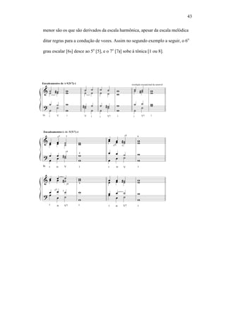 43
menor são os que são derivados da escala harmônica, apesar da escala melódica
ditar regras para a condução de vozes. Assim no segundo exemplo a seguir, o 6o
grau escalar [6 ] desce ao 5o
[5], e o 7o
[7 ] sobe à tônica [1 ou 8].
 