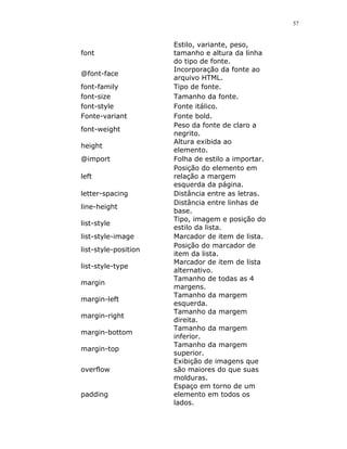 57


                      Estilo, variante, peso,
font                  tamanho e altura da linha
                      do tipo de fonte.
                      Incorporação da fonte ao
@font-face
                      arquivo HTML.
font-family           Tipo de fonte.
font-size             Tamanho da fonte.
font-style            Fonte itálico.
Fonte-variant         Fonte bold.
                      Peso da fonte de claro a
font-weight
                      negrito.
                      Altura exibida ao
height
                      elemento.
@import               Folha de estilo a importar.
                      Posição do elemento em
left                  relação a margem
                      esquerda da página.
letter-spacing        Distância entre as letras.
                      Distância entre linhas de
line-height
                      base.
                      Tipo, imagem e posição do
list-style
                      estilo da lista.
list-style-image      Marcador de item de lista.
                      Posição do marcador de
list-style-position
                      item da lista.
                      Marcador de item de lista
list-style-type
                      alternativo.
                      Tamanho de todas as 4
margin
                      margens.
                      Tamanho da margem
margin-left
                      esquerda.
                      Tamanho da margem
margin-right
                      direita.
                      Tamanho da margem
margin-bottom
                      inferior.
                      Tamanho da margem
margin-top
                      superior.
                      Exibição de imagens que
overflow              são maiores do que suas
                      molduras.
                      Espaço em torno de um
padding               elemento em todos os
                      lados.
 