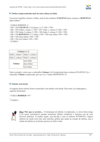 Apostila de HTML - Fonte: http://www.icmc.usp.br/ensino/material/html/intro.html


   Títulos compreendendo mais de uma coluna ou linha

É possível englobar colunas e linhas, através dos atributos COLSPAN (para colunas) e ROWSPAN
(para linhas):

<TABLE BORDER=1>
<TR><TH COLSPAN=2>Colunas 1 e 2</TH></TR>
<TR><TD>linha1, coluna 1</TD><TD> linha 1, coluna 2</TD></TR>
<TR><TD>linha 2, coluna 1</TD><TD>linha 2, coluna 2</TD></TR>
<TR><TH ROWSPAN=3>3 linhas</TH><TD>uma linha</TD></TR>
<TR><TD>duas linhas</TD></TR>
<TR><TD>tres linhas</TD></TR>
</TABLE>



            Colunas 1 e 2
linha1, coluna 1 linha 1, coluna 2
linha 2, coluna 1 linha 2, coluna 2
                     uma linha
     3 linhas        duas linhas
                     tres linhas

Neste exemplo, vemos que o cabeçalho Colunas 1 e 2 compreende duas colunas (COLSPAN=2); o
cabeçalho 3 linhas compreende, por sua vez, 3 linhas (ROWSPAN=3).



   Tabelas sem borda

As páginas deste tutorial foram construídas com tabelas sem borda. Para tanto, foi empregada a
seguinte declaração:

<TABLE BORDER="0">
...
</TABLE>




               Dica: Pior que os acentos... A formatação de tabelas é complicada, e o texto fonte chega
               a ser quase ininteligível quando montamos tabelas complexas e fazemos uso de seus
               diversos atributos. A melhor opção, sem dúvida, é usar os editores WYSIWYG. Alguns
               editores de modo texto têm uma interface gráfica que ajuda na criação de tabelas, mas a
               edição de tabelas já existentes precisa ser feita à mão.




Profa. Flávia Pereira de Carvalho - fpereira@faccat.br - http://fit.faccat.br/~fpereira           29
 