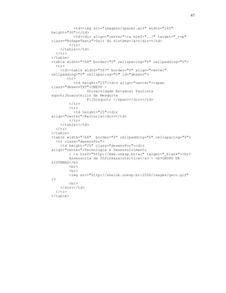 67
<td><img src="imagens/spacer.gif" width="265"
height="30"></td>
<td><div align="center"><a href="../" target="_top"
class="RodapeTexto">Sair do Sistema</a></div></td>
</tr>
</table></td>
</tr>
</table>
<table width="768" border="0" cellspacing="0" cellpadding="0">
<tr>
<td><table width="567" border="0" align="center"
cellpadding="0" cellspacing="0" id="desenv">
<tr>
<td height="25"><div align="center"><span
class="desenvTXT">UNESP -
Universidade Estadual Paulista
"J&uacute;lio de Mesquita
Filho" </span></div></td>
</tr>
<tr>
<td height="25"><div
align="center">Reitoria</div></td>
</tr>
</table></td>
</tr>
</table>
<table width="768" border="0" cellpadding="0" cellspacing="0">
<tr class="desenvPor">
<td height="25" class="desenvPor"><div
align="center">Tecnologia e Desenvolvimento
: <a href="http://www.unesp.br/ai" target="_blank"><br>
Assessoria de Inform&aacute;tica</a> - <b>GRUPO DE
SISTEMAS</b>
<br>
<br>
<img src="http://shelob.unesp.br:2000/images/gscc.gif"
/>
<br>
</div></td>
</tr>
</table>
 