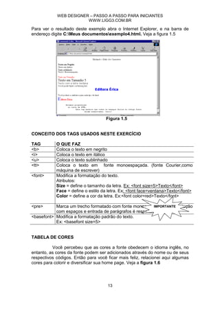 WEB DESIGNER – PASSO A PASSO PARA INICIANTES
                        WWW.LIGG3.COM.BR

Para ver o resultado deste exemplo abra o Internet Explorer, e na barra de
endereço digite C:Meus documentosexemplo4.html. Veja a figura 1.5




                                     Figura 1.5


CONCEITO DOS TAGS USADOS NESTE EXERCÍCIO

TAG         O QUE FAZ
<b>         Coloca o texto em negrito
<i>         Coloca o texto em itálico
<u>         Coloca o texto sublinhado
<tt>        Coloca o texto em fonte monoespaçada. (fonte Courier,como
            máquina de escrever)
<font>      Modifica a formatação do texto.
            Atributos:
            Size = define o tamanho da letra. Ex: <font size=5>Texto</font>
            Face = define o estilo da letra. Ex: <font face=verdana>Texto</font>
            Color = define a cor da letra. Ex:<font color=red>Texto</font>

<pre>      Marca um trecho formatado com fonte monoespaçada. A formatação
                                                          IMPORTANTE
           com espaços e entrada de parágrafos é respeitada.
<basefont> Modifica a formatação padrão do texto.
           Ex: <basefont size=5>


TABELA DE CORES

          Você percebeu que as cores a fonte obedecem o idioma inglês, no
entanto, as cores da fonte podem ser adicionados através do nome ou de seus
respectivos códigos. Então para você ficar mais feliz, relacionei aqui algumas
cores para colorir e diversificar sua home page. Veja a figura 1.6




                                     13
 
