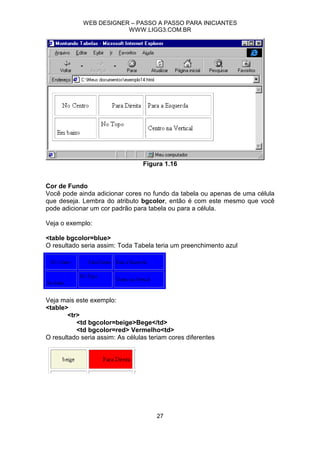 WEB DESIGNER – PASSO A PASSO PARA INICIANTES
                         WWW.LIGG3.COM.BR




                                 Figura 1.16


Cor de Fundo
Você pode ainda adicionar cores no fundo da tabela ou apenas de uma célula
que deseja. Lembra do atributo bgcolor, então é com este mesmo que você
pode adicionar um cor padrão para tabela ou para a célula.

Veja o exemplo:

<table bgcolor=blue>
O resultado seria assim: Toda Tabela teria um preenchimento azul




Veja mais este exemplo:
<table>
       <tr>
          <td bgcolor=beige>Bege</td>
          <td bgcolor=red> Vermelho<td>
O resultado seria assim: As células teriam cores diferentes




                                      27
 