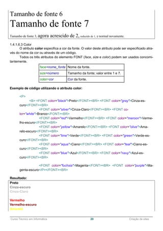 ______________________________________________________________________________________________
Curso Técnico em Informática 20 Criação de sites
Tamanho de fonte 6
Tamanho de fonte 7
Tamanho de fonte 3, agora acrescido de 2, reduzido de 1, e normal novamente.
1.4.1.6.3 Color
O atributo color especifica a cor da fonte. O valor deste atributo pode ser especificado atra-
vés do nome da cor ou através de um código.
Todos os três atributos do elemento FONT (face, size e color) podem ser usados concomi-
tantemente.
face=nome_fonte Nome da fonte.
size=número Tamanho da fonte; valor entre 1 e 7.
color=cor Cor da fonte.
Exemplo de código utilizando o atributo color:
<P>
<B> <FONT color="black">Preto</FONT><BR> <FONT color="gray">Cinza-es-
curo</FONT><BR>
<FONT color="silver">Cinza-Claro</FONT><BR> <FONT co-
lor="white">Branco</FONT><BR>
<FONT color="red">Vermelho</FONT><BR> <FONT color="maroon">Verme-
lho-escuro</FONT><BR>
<FONT color="yellow">Amarelo</FONT><BR> <FONT color="olive">Ama-
relo-escuro</FONT><BR>
<FONT color="lime">Verde</FONT><BR> <FONT color="green">Verde-es-
curo</FONT><BR>
<FONT color="aqua">Ciano</FONT><BR> <FONT color="teal">Ciano-es-
curo</FONT><BR>
<FONT color="blue">Azul</FONT><BR> <FONT color="navy">Azul-es-
curo</FONT><BR>
<FONT color="fuchsia">Magenta</FONT><BR> <FONT color="purple">Ma-
genta-escuro</P></FONT><BR>
Resultado:
Preto
Cinza-escuro
Cinza-Claro
Branco
Vermelho
Vermelho-escuro
Amarelo
 