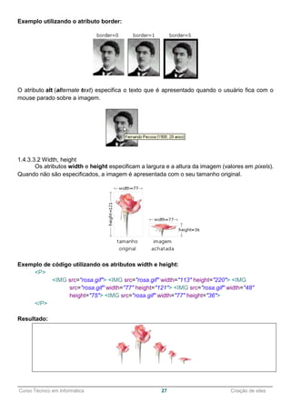 ______________________________________________________________________________________________
Curso Técnico em Informática 27 Criação de sites
Exemplo utilizando o atributo border:
O atributo alt (alternate text) especifica o texto que é apresentado quando o usuário fica com o
mouse parado sobre a imagem.
1.4.3.3.2 Width, height
Os atributos width e height especificam a largura e a altura da imagem (valores em pixels).
Quando não são especificados, a imagem é apresentada com o seu tamanho original.
Exemplo de código utilizando os atributos width e height:
<P>
<IMG src="rosa.gif"> <IMG src="rosa.gif" width="113" height="220"> <IMG
src="rosa.gif" width="77" height="121"> <IMG src="rosa.gif" width="48"
height="75"> <IMG src="rosa.gif" width="77" height="36">
</P>
Resultado:
 