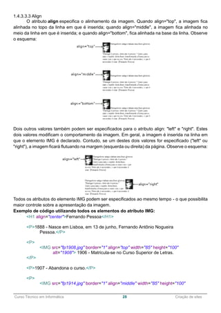 ______________________________________________________________________________________________
Curso Técnico em Informática 28 Criação de sites
1.4.3.3.3 Align
O atributo align especifica o alinhamento da imagem. Quando align="top", a imagem fica
alinhada no topo da linha em que é inserida; quando align="middle", a imagem fica alinhada no
meio da linha em que é inserida; e quando align="bottom", fica alinhada na base da linha. Observe
o esquema:
Dois outros valores também podem ser especificados para o atributo align: "left" e "right". Estes
dois valores modificam o comportamento da imagem. Em geral, a imagem é inserida na linha em
que o elemento IMG é declarado. Contudo, se um destes dois valores for especificado ("left" ou
"right"), a imagem ficará flutuando na margem (esquerda ou direita) da página. Observe o esquema:
Todos os atributos do elemento IMG podem ser especificados ao mesmo tempo - o que possibilita
maior controle sobre a apresentação da imagem.
Exemplo de código utilizando todos os elementos do atributo IMG:
<H1 align="center">Fernando Pessoa</H1>
<P>1888 - Nasce em Lisboa, em 13 de junho, Fernando Antônio Nogueira
Pessoa.</P>
<P>
<IMG src="fp1908.jpg" border="1" align="top" width="85" height="100"
alt="1908"> 1906 - Matricula-se no Curso Superior de Letras.
</P>
<P>1907 - Abandona o curso.</P>
<P>
<IMG src="fp1914.jpg" border="1" align="middle" width="85" height="100"
 