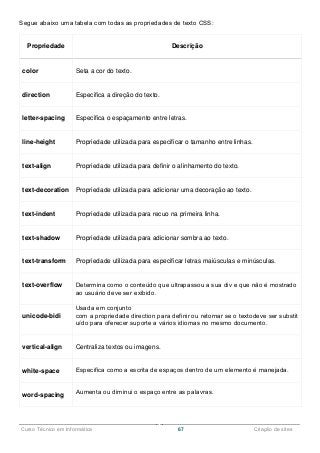 ______________________________________________________________________________________________
Curso Técnico em Informática 67 Criação de sites
Segue abaixo uma tabela com todas as propriedades de texto CSS:
Propriedade Descrição
color Seta a cor do texto.
direction Especifica a direção do texto.
letter-spacing Especifica o espaçamento entre letras.
line-height Propriedade utilizada para especificar o tamanho entre linhas.
text-align Propriedade utilizada para definir o alinhamento do texto.
text-decoration Propriedade utilizada para adicionar uma decoração ao texto.
text-indent Propriedade utilizada para recuo na primeira linha.
text-shadow Propriedade utilizada para adicionar sombra ao texto.
text-transform Propriedade utilizada para especificar letras maiúsculas e minúsculas.
text-overflow Determina como o conteúdo que ultrapassou a sua div e que não é mostrado
ao usuário deve ser exibido.
unicode-bidi
Usada em conjunto
com a propriedade direction para definir ou retornar se o textodeve ser substit
uído para oferecer suporte a vários idiomas no mesmo documento.
vertical-align Centraliza textos ou imagens.
white-space Especifica como a escrita de espaços dentro de um elemento é manejada.
word-spacing Aumenta ou diminui o espaço entre as palavras.
 