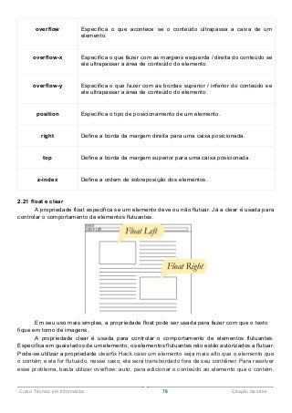 ______________________________________________________________________________________________
Curso Técnico em Informática 78 Criação de sites
overflow Especifica o que acontece se o conteúdo ultrapassa a caixa de um
elemento.
overflow-x Especifica o que fazer com as margens esquerda / direita do conteúdo se
ele ultrapassar a área de conteúdo do elemento.
overflow-y Especifica o que fazer com as bordas superior / inferior do conteúdo se
ele ultrapassar a área de conteúdo do elemento.
position Especifica o tipo de posicionamento de um elemento.
right Define a borda da margem direita para uma caixa posicionada.
top Define a borda da margem superior para uma caixa posicionada.
z-index Define a ordem de sobreposição dos elementos.
2.21 float e clear
A propriedade float especifica se um elemento deve ou não flutuar. Já a clear é usada para
controlar o comportamento de elementos flutuantes.
Em seu uso mais simples, a propriedade float pode ser usada para fazer com que o texto
fique em torno de imagens.
A propriedade clear é usada para controlar o comportamento de elementos flutuantes.
Especifica em quais lados de um elemento, os elementos flutuantes não estão autorizados a flutuar.
Pode-se utilizar a propriedade clearfix Hack caso um elemento seja mais alto que o elemento que
o contém e ele for flutuado, nesse caso, ele será transbordado fora de seu contêiner. Para resolver
esse problema, basta utilizar overflow: auto; para adicionar o conteúdo ao elemento que o contém.
 